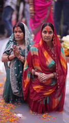 Devotee womens in sacred water offering prayers to the Sun God during Chhath Puja, showing deep faith, purity, and spiritual devotion.