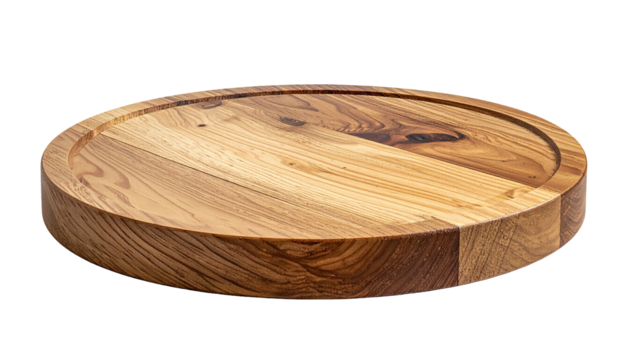 Round wood board, rich grain pattern, against a dark background
