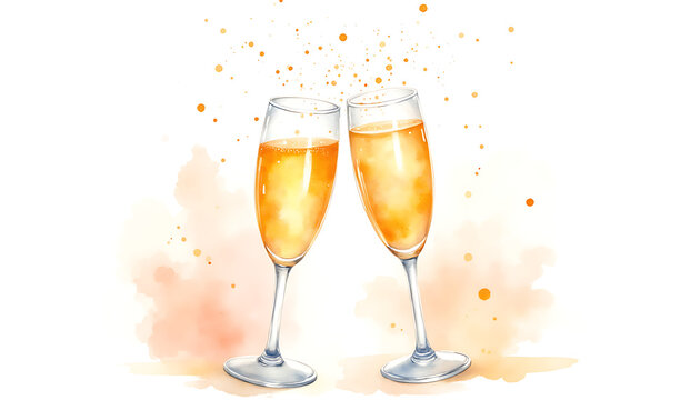 Two champagne glasses clinking together with golden bubbles and splash