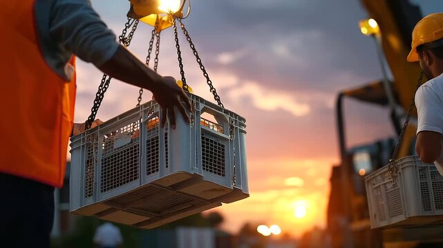 Faceless personnel using lifting machinery to raise equipment crates, defocused reflections from sunset lights adding warmth, with copy space.