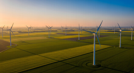 Aerial Drone View of Wind Turbines Across Rural Fields at Sunrise