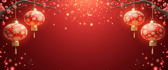 Red chinese lanterns with snowflakes hanging from branches, festive background with bokeh