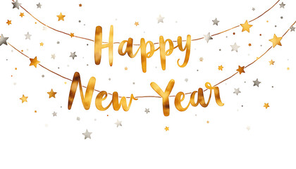 Happy new year text with golden and silver stars on a white background