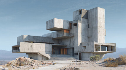 A modern and unique building with a complex concrete design set against a clear sky. Its bold architecture captivates the eye and showcases an interesting approach to modern structural design.