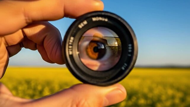 Conceptual shot of a human eye looking through a camera lens, symbolizing focus, vision, and perspective against a blurred yellow field