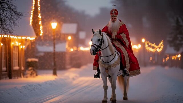Saint Nicholas dressed in a red bishop's robe, riding a white horse through a snowy village at twilight, surrounded by glowing festive lights and Christmas decor
