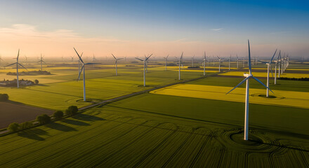 Aerial Drone View of Wind Turbines Across Rural Fields at Sunrise