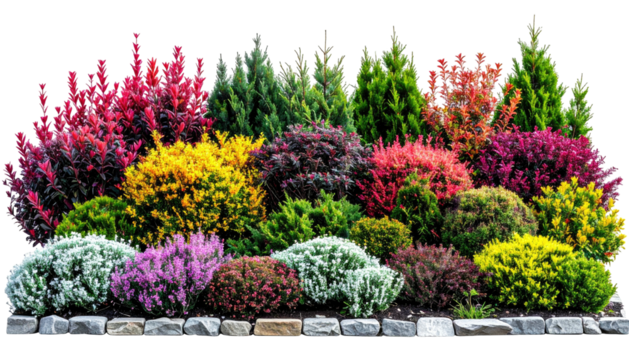 Colorful shrubs & conifers border a garden bed of grey stones