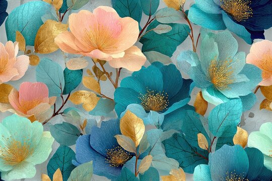 Fabric texture seamless pattern background Soft watercolor floral designs on organic cotton pastel hues with subtle gold foil details elegant and timeless