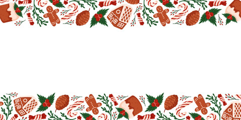 Festive border frame with gingerbread cookie, candy cane, pine cone, holly and Christmas cake on a white background in flat style. Design for holiday celebration card and bakery seasonal wallpaper.