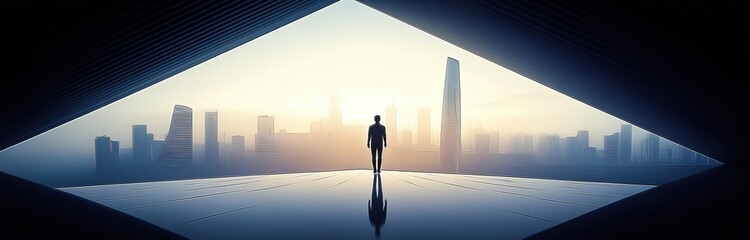 Plakat A man stands in an open space looking at a futuristic city skyline from a high-tech building interior with a gradient sky and cool tones