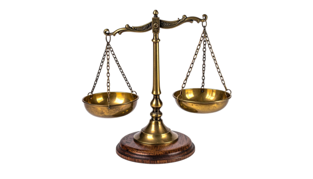 Brass scales of justice slightly off-balance, on wooden base