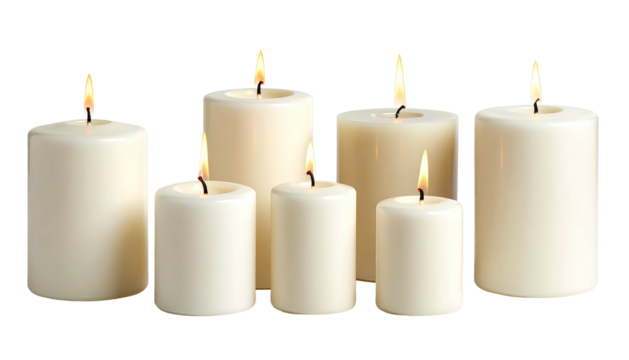 Group of seven lit, white cylindrical wax candles, black backdrop