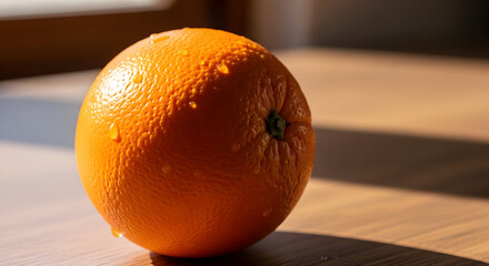 Fresh Whole Orange with Water Droplets on Wood Surface in Sunlight – Healthy Citrus Fruit Produce