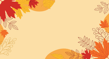 An illustrative autumn background featuring a scattering of colorful flat and outline leaves, branches, and berries on a warm, inviting beige backdrop.