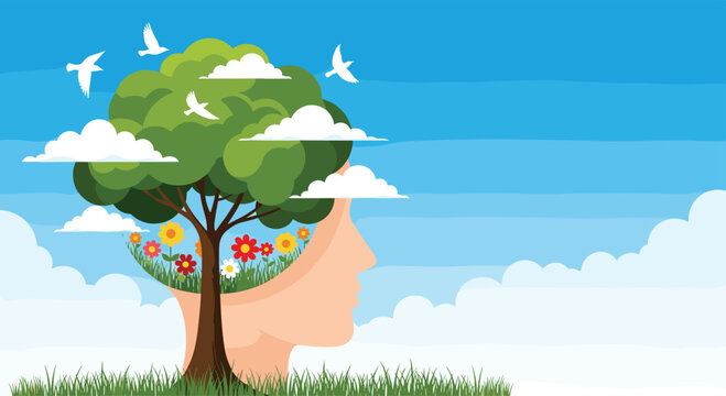 A human head in profile contains a vibrant tree, colorful flowers, and clouds, symbolizing growth, peace, and connection with nature within the mind.