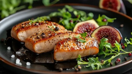 Foie gras on toasted brioche with fig jam, fresh rosemary and sliced figs on a rustic wooden board — elegant, rich appetizer for fine dining or special occasions