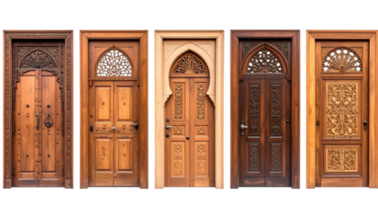 Row of five ornate, carved wooden doors, diverse designs