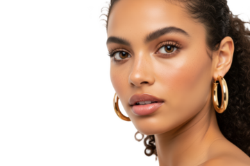 A close-up portrait of a young woman with curly hair wearing large gold hoop earrings, against transparent background