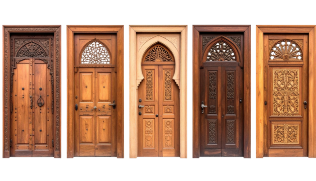 Row of five ornate, carved wooden doors, diverse designs