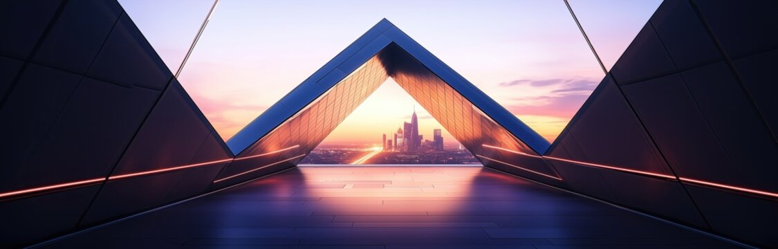 A futuristic triangular bridge with glowing edges leads towards a city skyline at sunset, viewed from a low perspective on an empty modern square