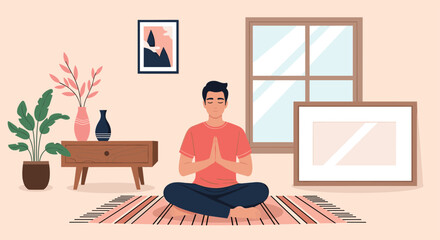 A calm man practices mindful meditation in a cozy, sunlit room, fostering peace and well-being at home.