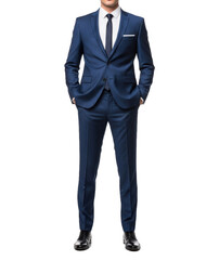 A man in a blue suit standing confidently with hands in pockets, against transparent background