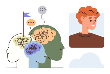 Fototapeta na wymiar Outlines of heads with tangled lines evoke thoughts, questions, creativity, emotions, and brainstorming. Portrait symbolizes clarity. Ideal for growth, learning, mental health creativity Fototapeta na wymiar Outlines of heads with tangled lines evoke thoughts, questions, creativity, emotions, and brainstorming. Portrait symbolizes clarity. Ideal for growth, learning, mental health creativity