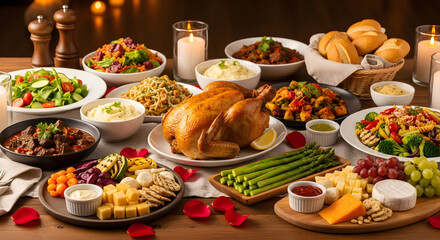 Opulent Dinner Feast: Roasted Chicken, Gourmet Sides & Festive Table Spread for Special Occasions