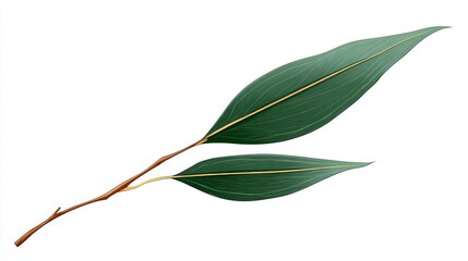 A basic depiction of a branch with green leaves, long and pointed, set against a white backdrop