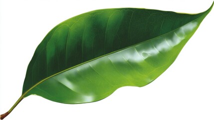 Fototapeta premium A leaf with a vibrant green color, featuring serrated edges and a noticeable central vein, is shown against a plain white backdrop