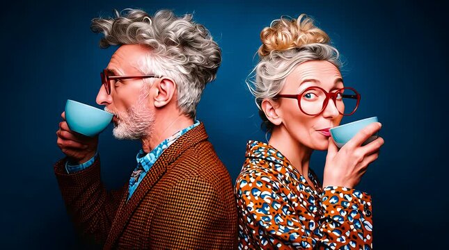 Homme et femme mature dos a dos buvant un caf&eacute;