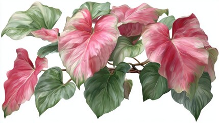 Depiction of a thriving plant with elongated, tapered leaves showcasing hues of pink, green, and yellow