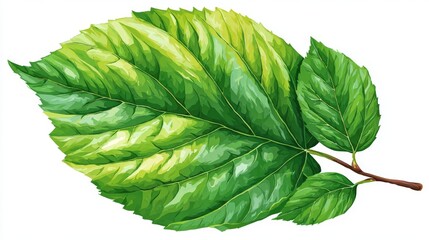 A lone leaf with a vibrant green hue, featuring serrated edges and prominent veins, is set against a plain white backdrop