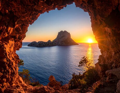 Scenic sunset view through a cave opening, ocean with island - Powered by Adobe