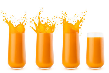 Orange color juice of mango, carrot or pumpkin with flying drops, splashing in glass, isolated....