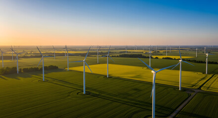 Aerial Drone View of Wind Turbines Across Rural Fields at Sunrise
