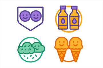 Colorful set of four symbols: happy faces on a shield, beverage bottles, raining cloud, and ice cream cones