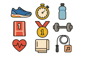 Collection of fitness and sports equipment including running shoes stopwatch and medal