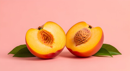 Fresh Peach Halves on Pink Background | Ripe Fruit, Healthy Sweet Snack & Summer Food Concept