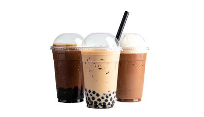 Trio of bubble teas, dark to light, in clear plastic cups
