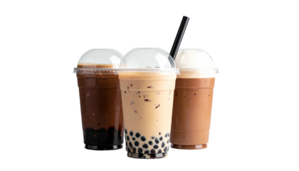 Trio of bubble teas, dark to light, in clear plastic cups