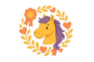 Cute cartoon horse head with purple mane and decorative wreath of hearts and ribbon award