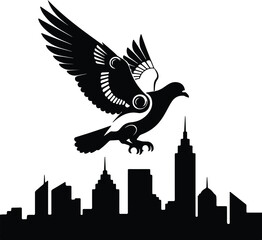 Obraz premium Silhouette bird flying over the city buildings vector illustration