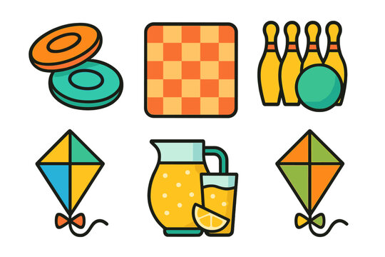 Colorful icons set for summer games, outdoor leisure, and refreshing beverages