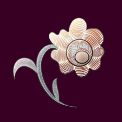 Thread-embroidered flower with leaves for printing on clothes, stickers, websites, postcards.