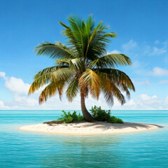 Angled Perspective of Palm Tree on Tiny Sand Island, Crystal Waters Visible, Isolated on Transparent Background PNG