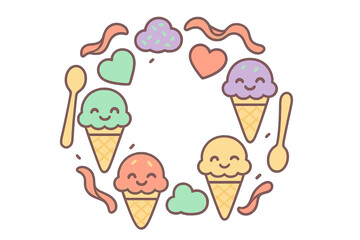 Cute smiling ice cream cones and sweet dessert elements arranged in a decorative circular frame pattern