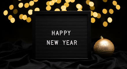 Happy New Year Message Board. Golden Bokeh Lights. Festive Celebration Greeting.