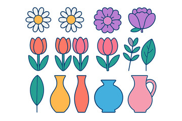 Colorful collection of stylized spring flowers, green leaves, and decorative ceramic vases
